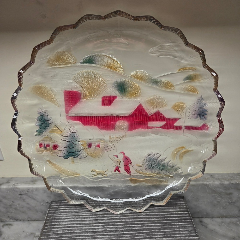 Crystal Clear Studios Christmas 1992 WINTER ESTATES 14" Round Platter, BEAUTIFUL